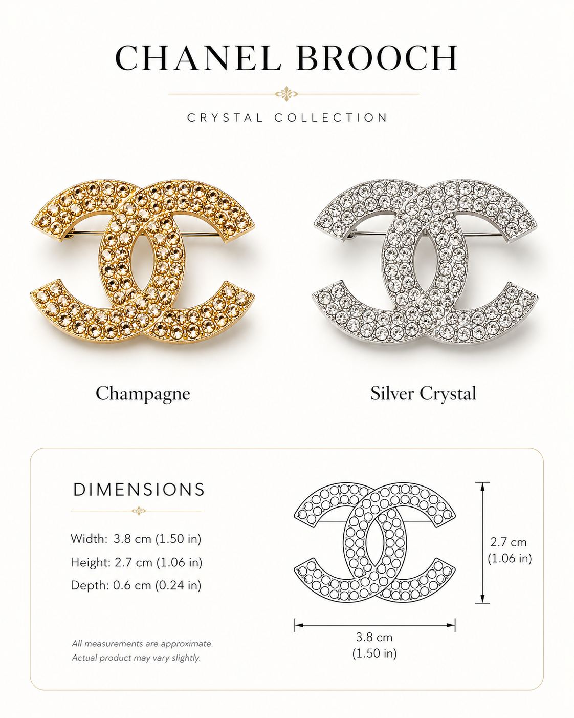 👉 Luxury CC Crystal Brooch Collection – Multiple Color Variants