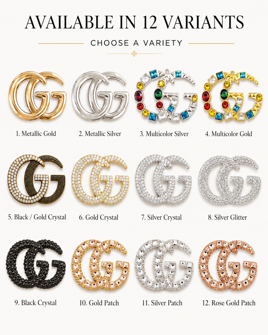 12 GG logo variants on display