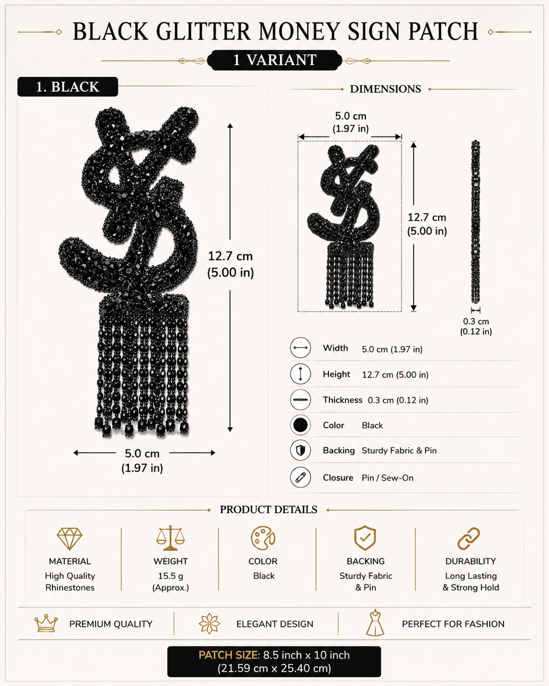 Black glitter Dollar sign patch