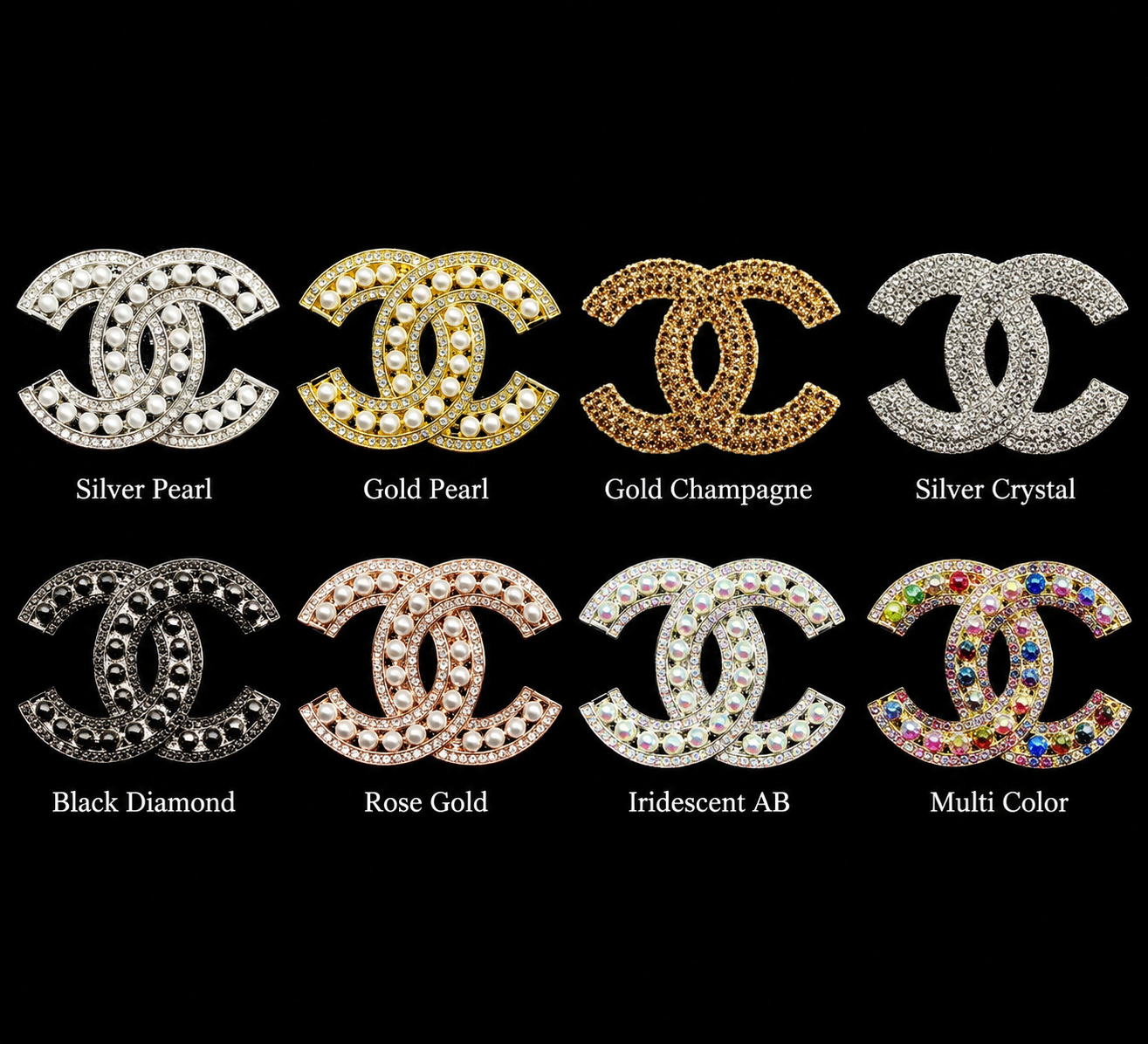 👉 Luxury CC Crystal Brooch Collection – Multiple Color Variants