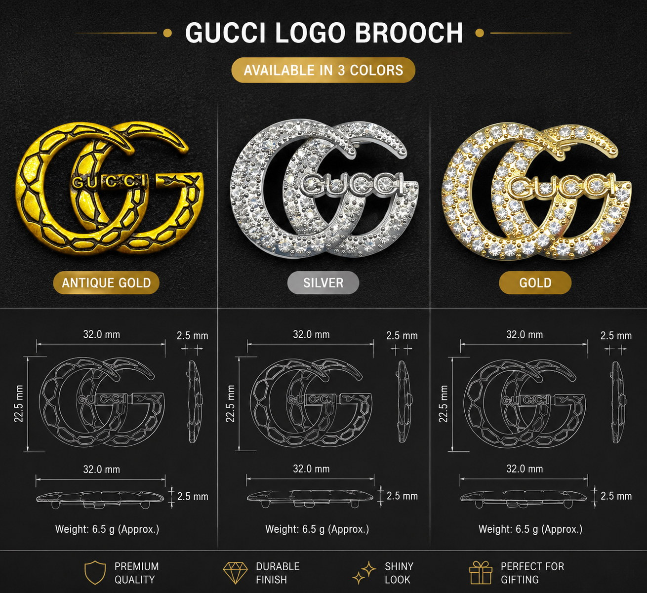 Gucci logo available in 3 style and colours