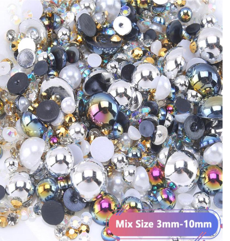 Mix Resin Pearls Rhinestones size, 3-10mm Half Pearls