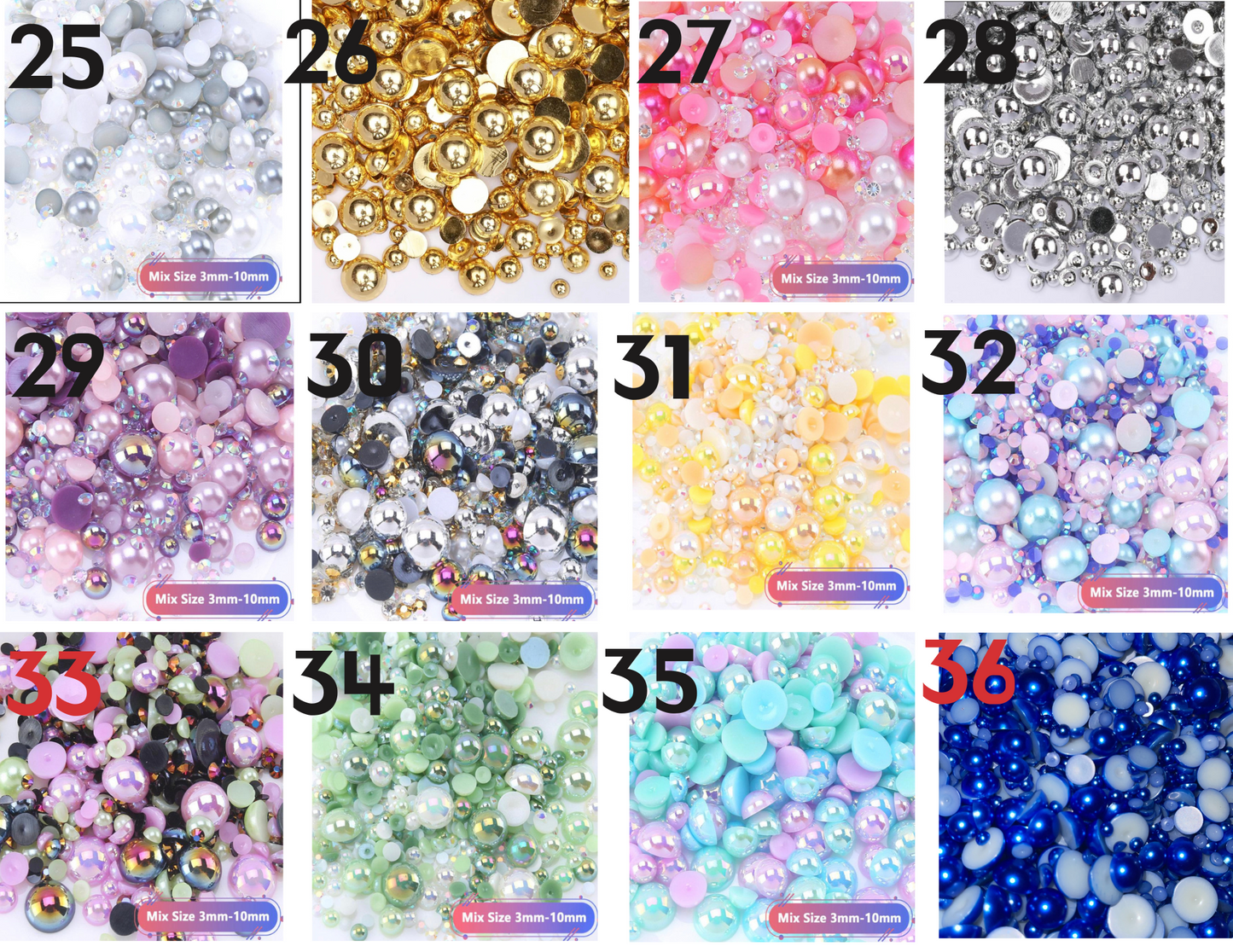 Mix Resin Pearls Rhinestones size, 3-10mm Half Pearls