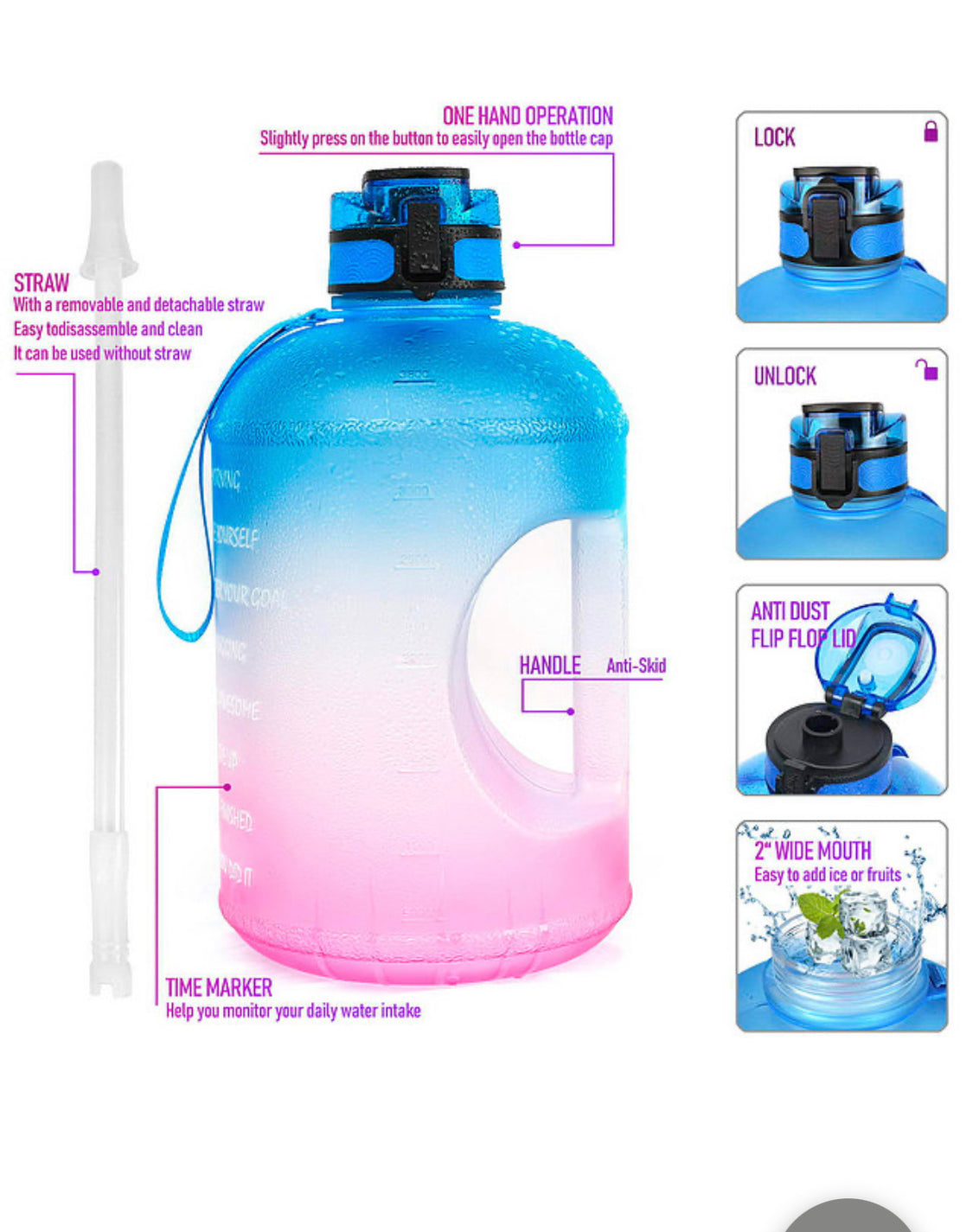1 Gallon Large Water Bottle with Straw Motivational and Time Marker - Nature's Finest Herbs