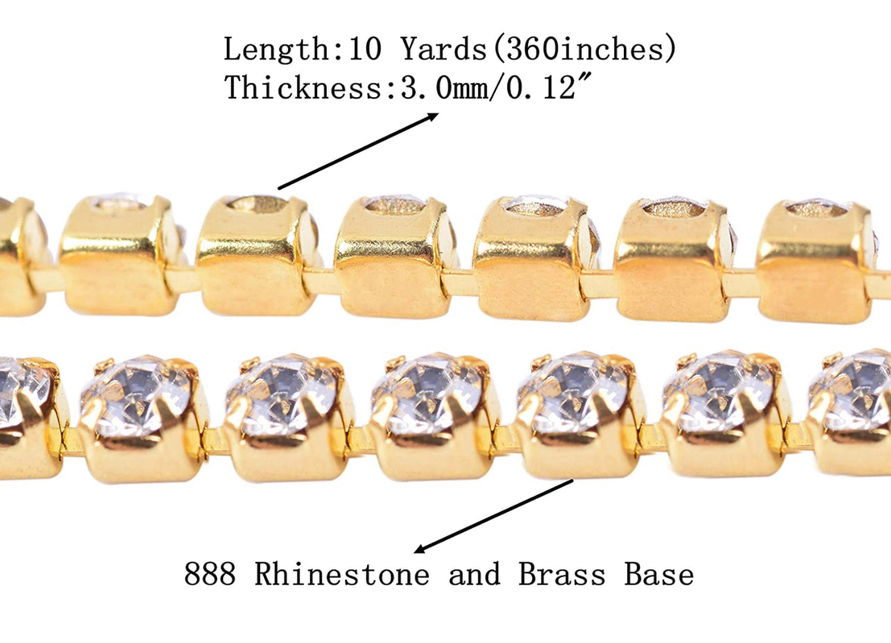 1 Roll 10 Yards Crystal Rhinestone Trim Close Cup Clear Chain with Gold Setting Base (SS12 3mm) /  (SS16 4mm)