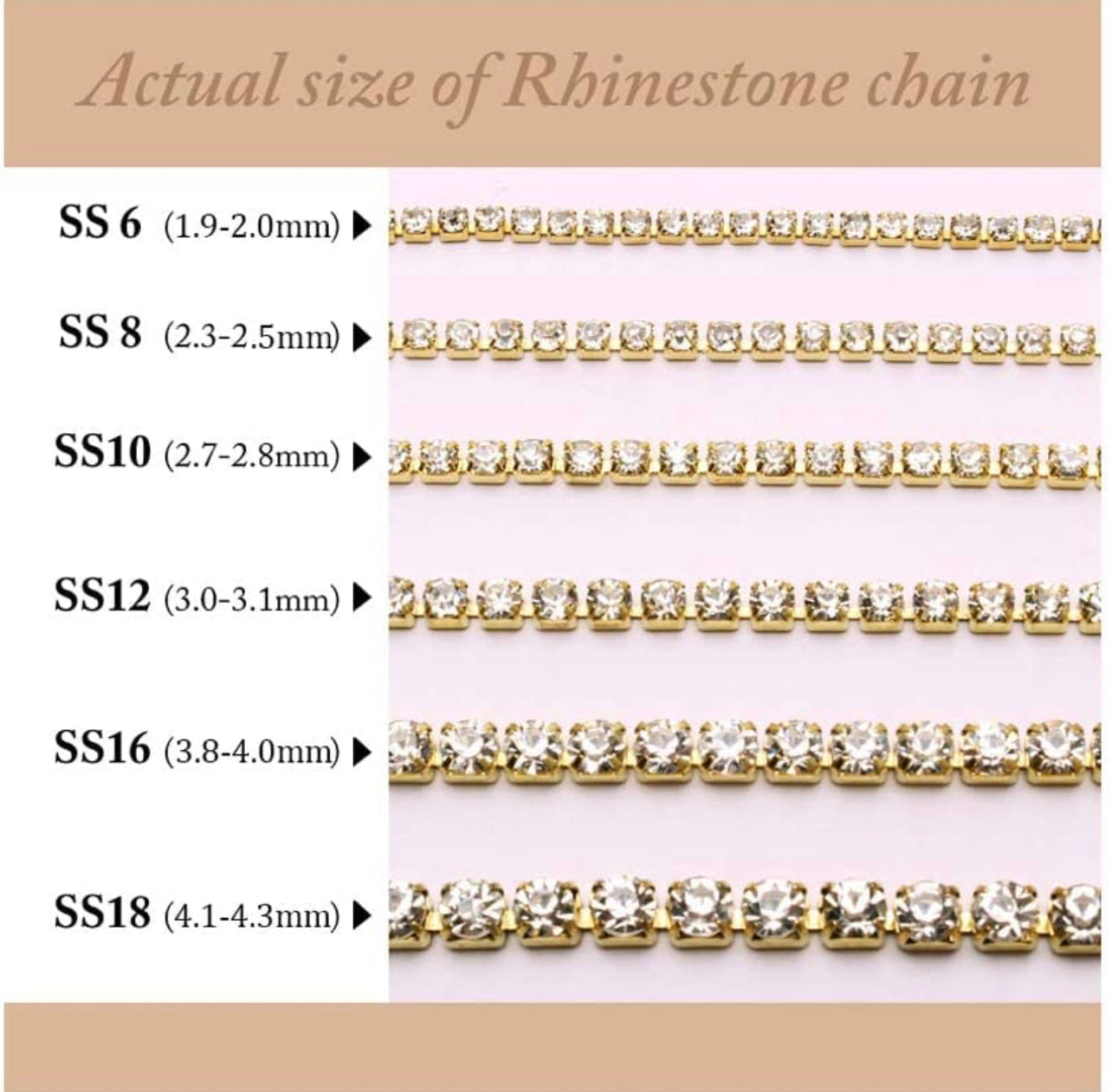 1 Roll 10 Yards Crystal Rhinestone Trim Close Cup Clear Chain with Gold Setting Base (SS12 3mm) /  (SS16 4mm)