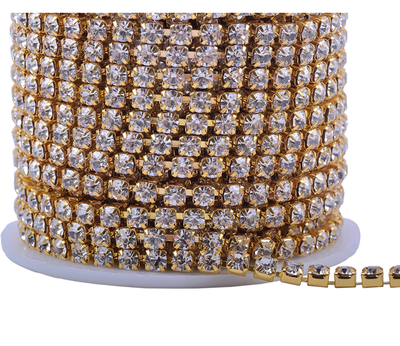 1 Roll 10 Yards Crystal Rhinestone Trim Close Cup Clear Chain with Gold Setting Base (SS12 3mm) /  (SS16 4mm)